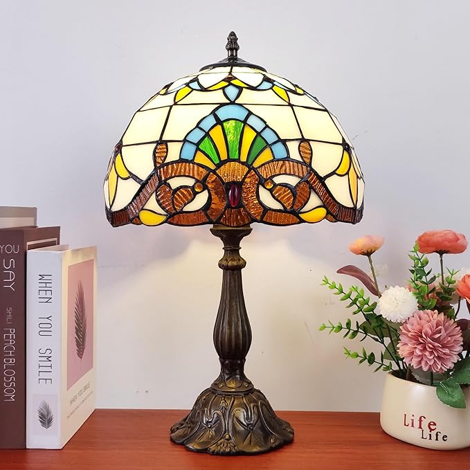 Tiffany Table Lamp 12X12X19 Inch Yellow Baroque Style Stained Glass Lamp Antique Bedside Desk Reading Light for Bedroom Living Room Home Office Include 3-Color LED Bulb