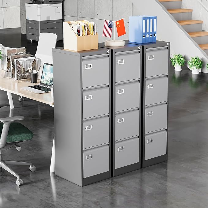Metal Vertical File Storage Cabinet, 4 Drawer File Cabinet with Lock, 18" Deep Vertical Filing Cabinets for A4 Legal/Letter Size, Assembly Required (4 Drawer - Gray Black)