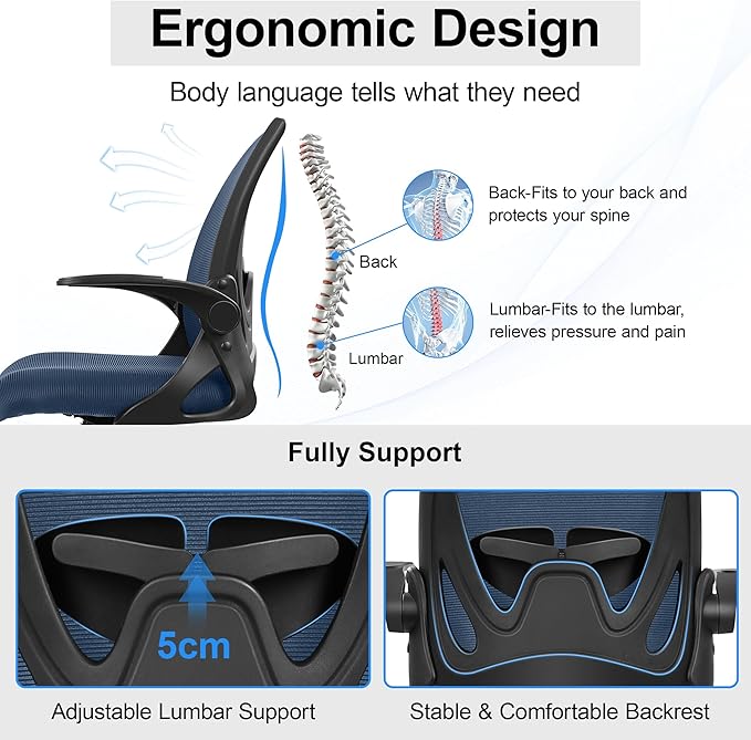 Primy Office Chair Ergonomic Desk Chair with Flip up Armrests Swivel Breathable Desk Mesh Computer Chair with Adjustable Lumbar Support and Height for Conference Room (Navy)
