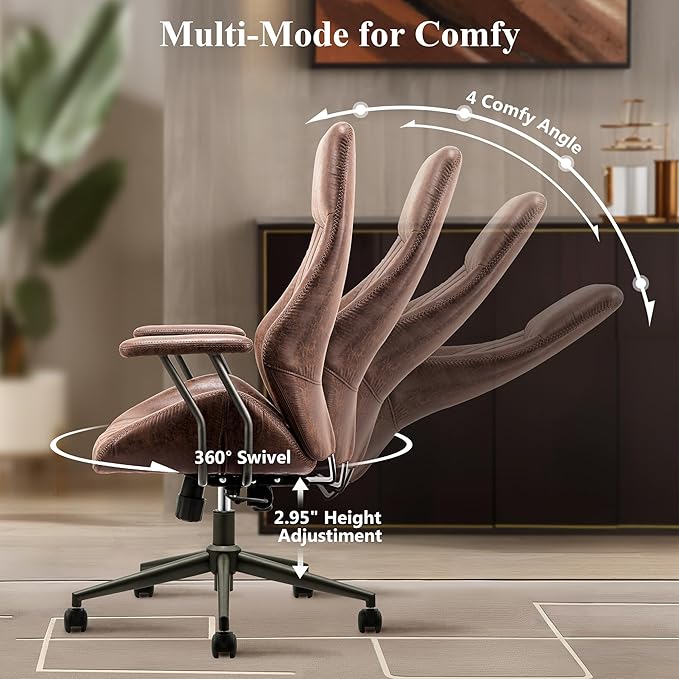 Mid Century Modren Office Chair - Fuax Leather Suede Brown Executive Chairs Ergonomic Mid Back with Lumbar Support, Swivel Computer Desk Task Chair with Wheels for Home Office (Dark Brown, Hign Back)