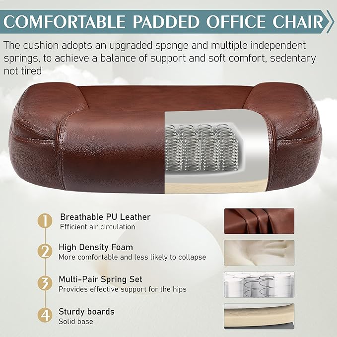 Leather Office Chair, PU Home Computer Desk Chairs with Ergonomic Back Support, 360° Swivel Free,Small Gmaing Chair with Wheels and Adjustable Armrests, for Short People Use, Vintage Brown