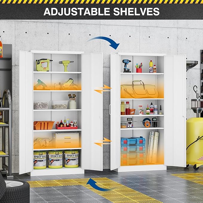 Metal Storage Cabinet-72” Tall Steel File Cabinets with Lockable Doors and 5 Adjustable Shelves-White Steel Storage Cabinet for Home, School, Office, Garage
