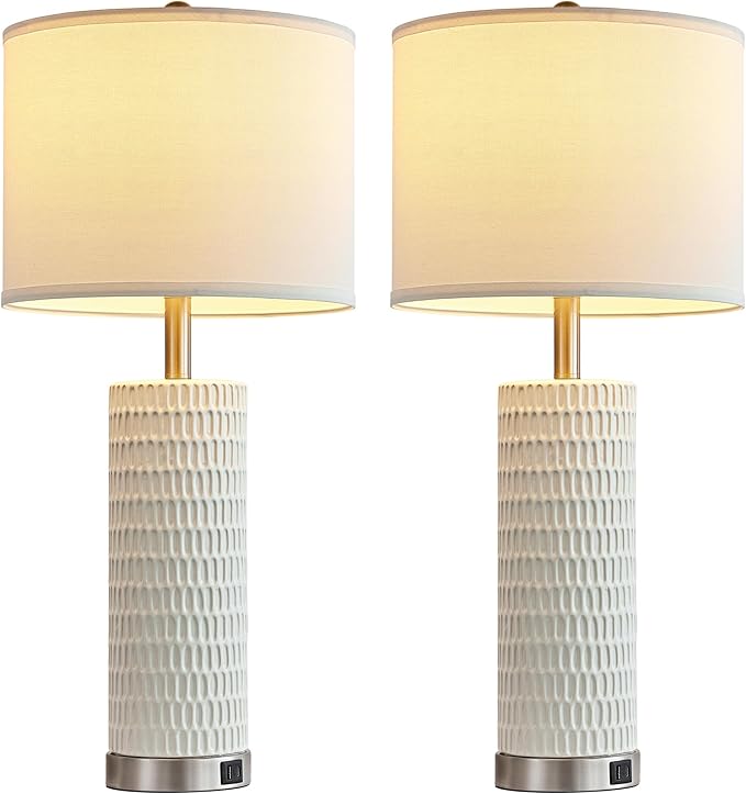 White Table Lamps Set of 2, 28" Ceramic Lamps for Living Room with USB C+A Ports, Touch Lamps for Nightstand, 2 Bulbs Included