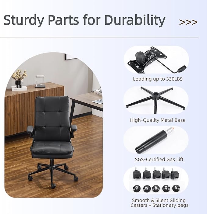 VINGLI Comfy Black Leather Office Desk Chair,Ergonomic High-Back Support Computer Gaming Chair with/No Wheels,Dual-Base,Adjustable Height,Flip-Up Arms,360° Swivel Rolling Task Chair for Home Office