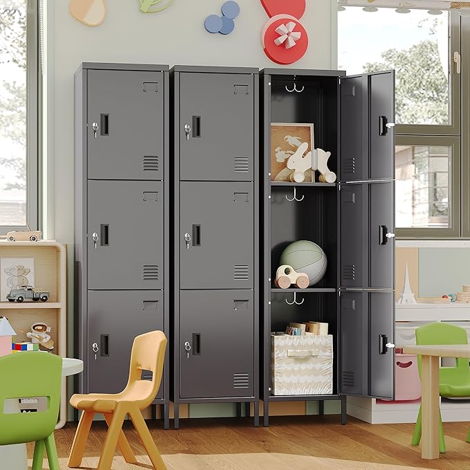 Metal Locker with Hooks and Ventilation Holes,Metal Storage Locker with Keys and Business Card Slof for Home,Gym,Garage,School,Office,66" H×15.75" W× 15.75" D,Assembly Required,Dark Grey