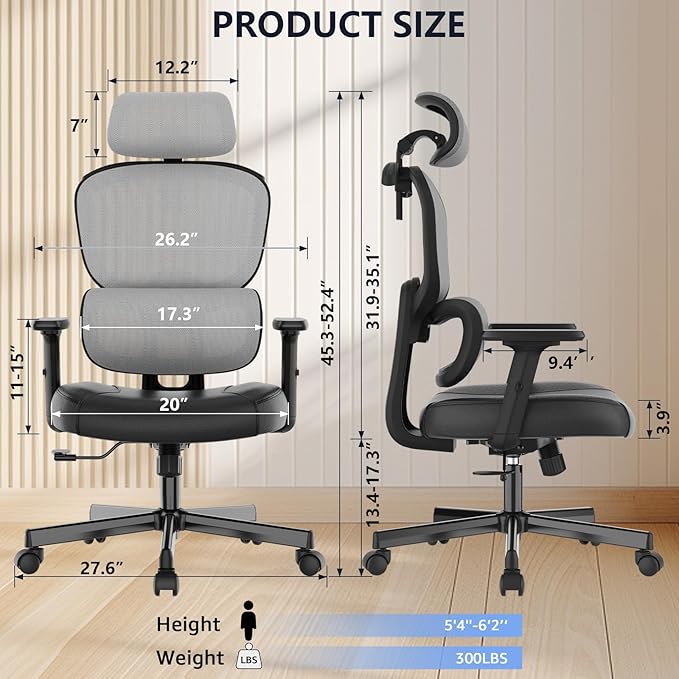 Office Chair, Ergonomic Desk Chair, High Back Desk Chair, Big and Tall Reclining Comfy Home Office Chair with Lumbar Support Breathable Mesh Computer Chair Adjustable Armrests