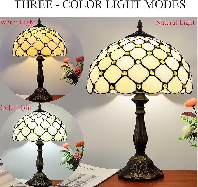 Tiffany Lamp Stained Glass Table Lamp - Antique Bedside Desk Reading Light With 3-Way Color LED - Living Room Nightstand 12X12X19 Inches - Home Office Desk Lamp - Cream White Pearls Style
