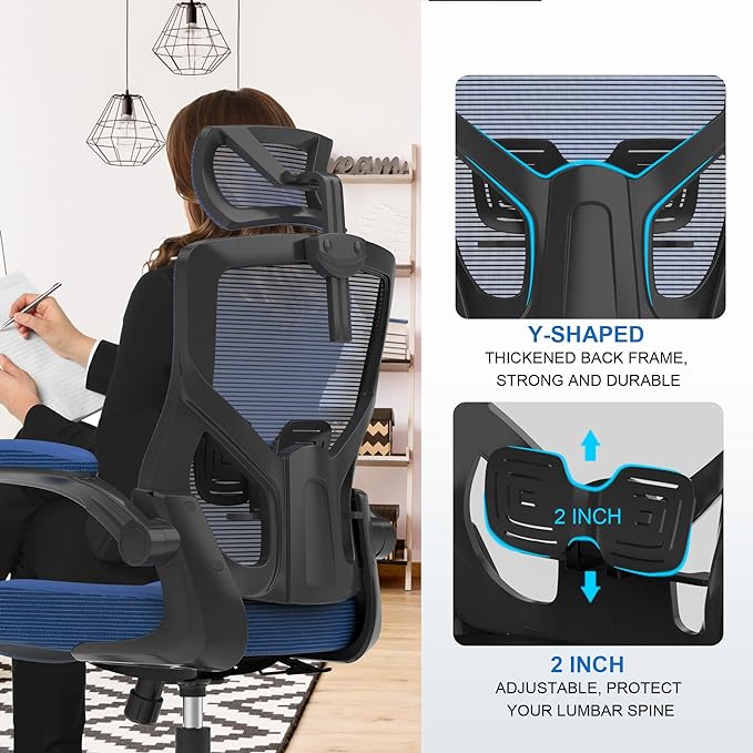 Home Office Chair, Ergonomic Comfy Desk Chair, High Back Computer Chair- Adjustable Headrest with Flip-Up Arms, Lumbar Support, Swivel Executive Task Chair (Portimao Blue, Modern)
