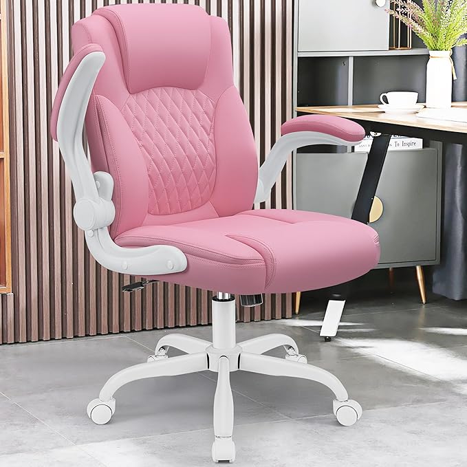 Leather Office Chair, PU Home Computer Desk Chairs with Ergonomic Back Support, 360° Swivel Free,Small Gmaing Chair with Wheels and Adjustable Armrests, for Short People Use, Pink
