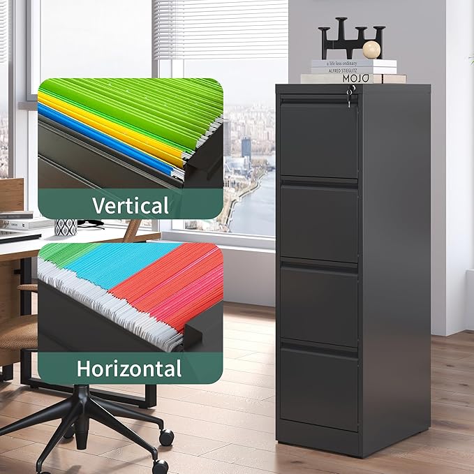 4 Drawer File Cabinet with Lock, Steel Vertical Filing Cabinets for Home Office, Metal Storage Cabinet for Hanging Legal/Letter Size Files, Assembly Required (Black)