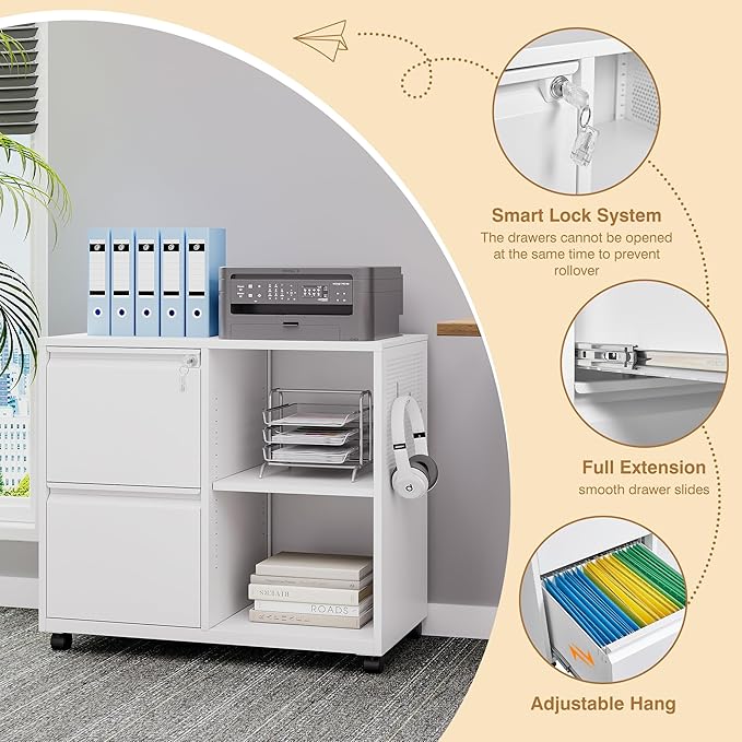 Lateral 2 Drawer Filing Cabinet with Lock, Mobile File Cabinet on Wheels, Printer Stand with Storage for Legal/Letter/A4 File Folders(White)