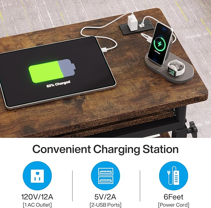 Tribesigns Small Portable Desk with Power Outlet, Height Adjustable Sofa Couch Bedside Laptop Table with Wheels, Mobile Standing Desk Rolling Computer Cart C Side Table with USB Ports