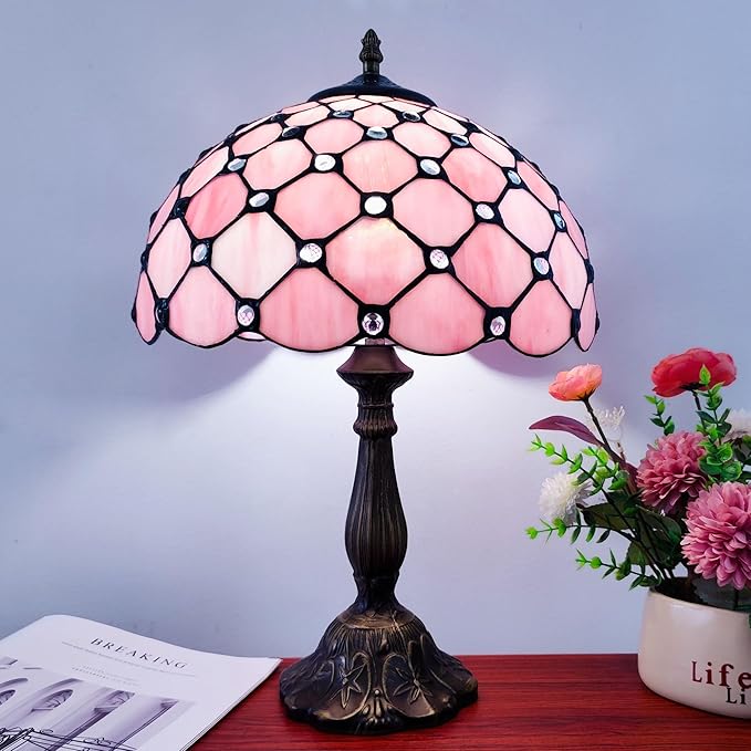 Tiffany Lamp Stained Glass Table Lamp Antique Bedside Desk Reading Light 3-Way Color LED Living Room Nightstand Light 12X12X19 Inches Home Office Desk Light Pink Pearls Style