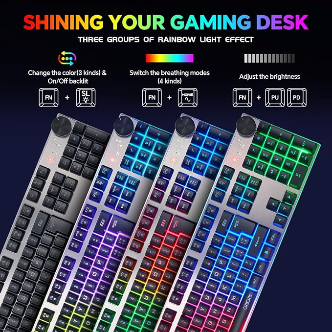 Wireless Gaming Keyboard with knob and Mouse Combo USB Dongle 2.4G Rechargeable 3000mAH Battery RGB Backlit Stainless Panel 4200DPI Side Button Mice for PC Laptop Compatible with Windows 8/9/10 MacOS