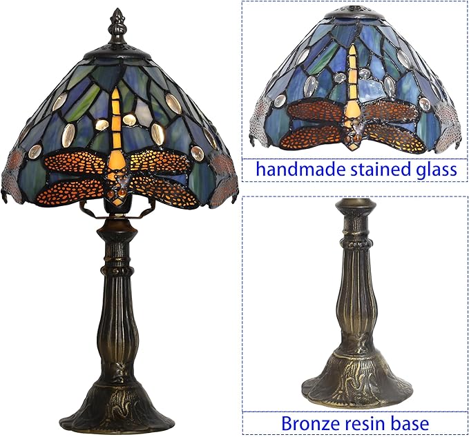 Tiffany Table lamp 8-inch Small Stained Glass lamp in a Vintage Dragonfly Pattern Style can be Used as a Decoration for The Living Room Bedside in The Bedroom or Desk