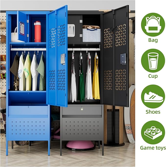 1 Door Metal Locker with Hanging Rod,Metal Storage Locker with Mesh,Suitable for Gym,Basketball Gym,Gymnasiums,Utility Room,Assembly Required,Black