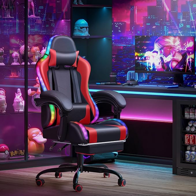 Homall Gaming Chair, Video Game Chair with Footrest and Massage Lumbar Support, Ergonomic Computer Chair Height Adjustable with Swivel Seat and Headrest (RGB Red)
