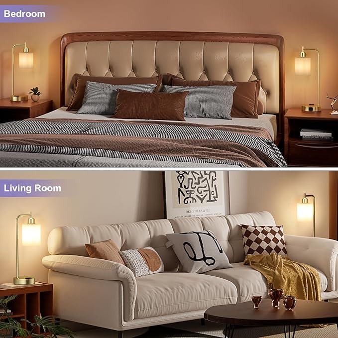 Innqoo Industrial Gold Table Lamps for Bedrooms Set of 2-3-Way Dimmable Desk Lamp with USB C+A Ports and Outlet, Gold Lamps with Opal Glass Shade for Living Room, Desk Lamps for Home Office