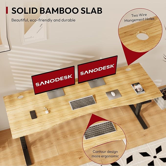 Standing Desk 3 Stages Dual Motor 78 inch Whole-Piece Real Bamboo Desktop Height Adjustable Desk for Home Office Stand Up Desk(Black Frame/ 78" Curved Natural Bamboo Top)