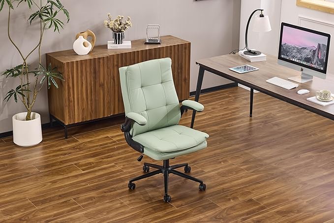 VINGLI Comfy Green Leather Office Desk Chair, High-Back Support Ergonomic Computer Task Gaming Chair,with Removable wheels,360° Swivel,Adjustable Height,Flip-Up Arms,for Adults,Teen,Vanity,Home Office