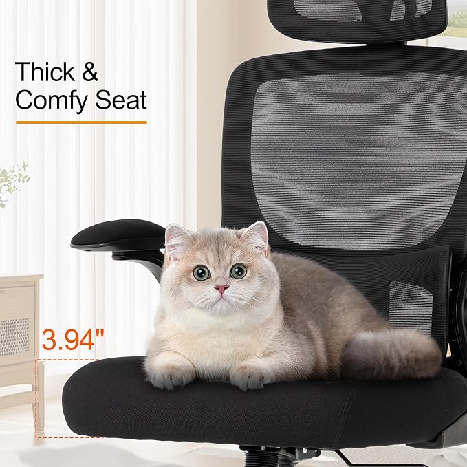 Ergonomic Office Chair,Home Mesh Office Desk Chairs,High Back Chair 330 LBS,Swivel Computer Task Chair with Adjustable Lumbar Support,Up&Down Flip-Up Arms,Rocking Function (Black)