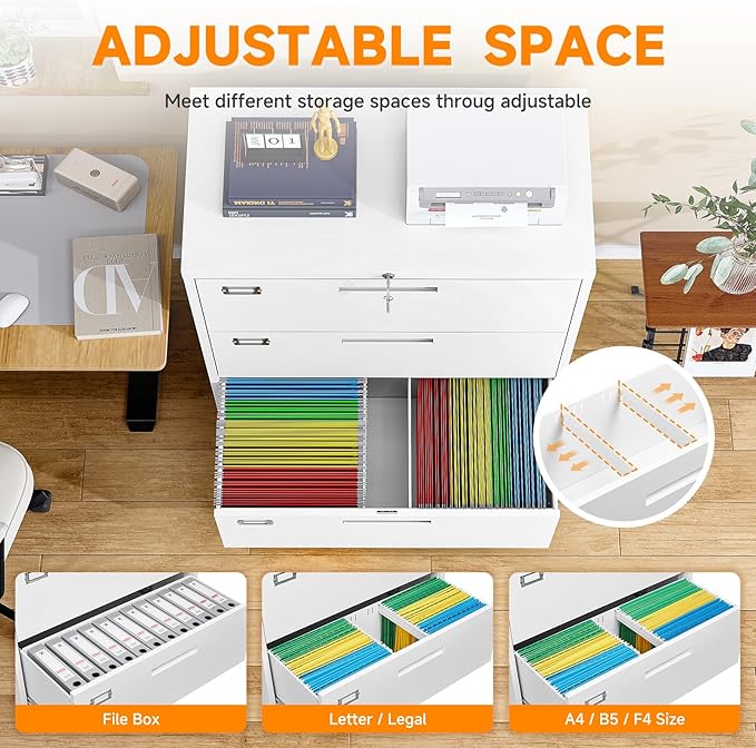 Lateral File Cabinet, Metal Filing Cabinet with Lock, 3 Drawer File Cabinets for Home Office, Office Cabinet for Hanging Files Letter/Legal/F4/A4, Assembly Required, White