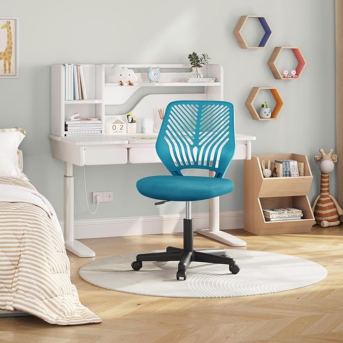 Yaheetech Kids Cute Office Chair Low-Back Armless Study Chair w/Lumbar Support Adjustable Height for Children in Bedroom School, Turquoise