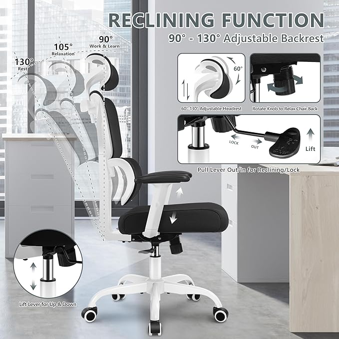 Winrise Office & Gaming Chair, High Back Ergonomic Reclining Desk Chair, Big & Tall, Comfy Home Office, Breathable Mesh, Adjustable Armrests (White)
