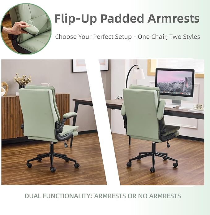 VINGLI Comfy Green Leather Office Desk Chair, High-Back Support Ergonomic Computer Task Gaming Chair,with Removable wheels,360° Swivel,Adjustable Height,Flip-Up Arms,for Adults,Teen,Vanity,Home Office