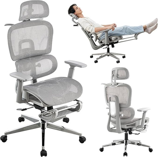 Mesh Ergonomic Office Chair with Footrest,High Back Mesh Gaming Chair with Lumbar Support,Adjustable Headrest and Armrests for Home Office Desk Chair (Modern, Grey)