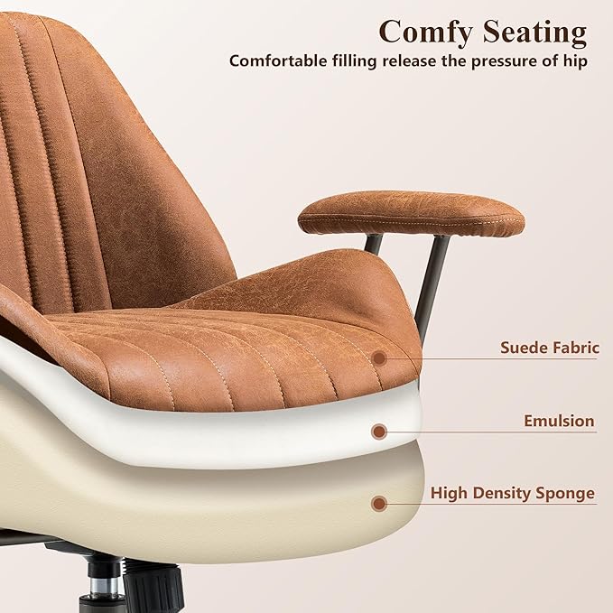 Mid Century Modren Office Chair,Mid Back Ergonomic Executive Chair with Lumbar Support, Computer Desk Swivel Task Chair with Wheels, Faux Lether Suede Fabric Home Chair, Brown
