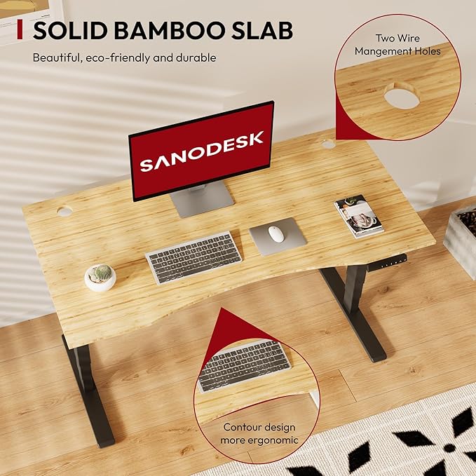 SANODESK 55 Inch 3 Stage Bamboo Electric Standing Desk, Dual Motor Height Adjustable, Stable and Durable Sit to Stand Home Office Desk (Black Frame/ 55' x 28' Curved Natural Bamboo Top)