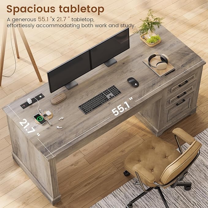 Itaar Farmhouse 55" Executive Desk, Computer Desk with Storage Drawers and Power Outlet, Home Office Desk, Workstation for Office Home, Grey