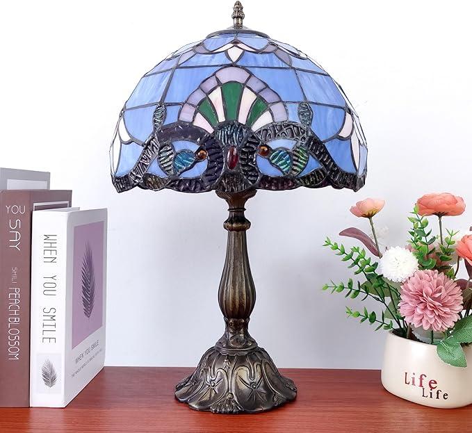 Tiffany Table Lamp 12X12X19 Inch Stained Glass Lamp Blue Baroque Style Antique Bedside Desk Nightstand Light for Bedroom Living Room Home Office Include 3-Color LED Bulb