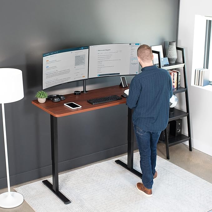 VIVO Electric 60 x 24 in Standing Desk, Memory Height Adjustment, 1B Series, One-Piece Dark Walnut Top, Black Frame, DESK-KIT-1B6D
