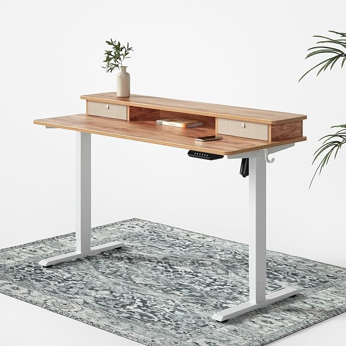 FEZIBO 48 x 24 Inch Whole-Piece Height Adjustable Standing Desk with Double Drawers, Sit Stand Desk, Home Office Stand Up Table with 4 Height-Adjustable Feets & 2 Hooks, Light Rustic Top