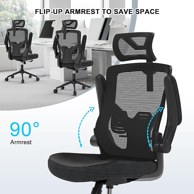 Home Office Chair, Ergonomic Comfy Desk Chair, High Back Computer Chair- Adjustable Headrest with Flip-Up Arms, Lumbar Support, Swivel Executive Task Chair (Modern, Black)