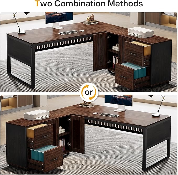 Tribesigns 63-Inch L-Shaped Executive Desk with Mobile File Cabinet, Large Office Computer Desk, Business Furniture Table with Drawers and Storage Shelves for Home Office, Dark Walnut & Black