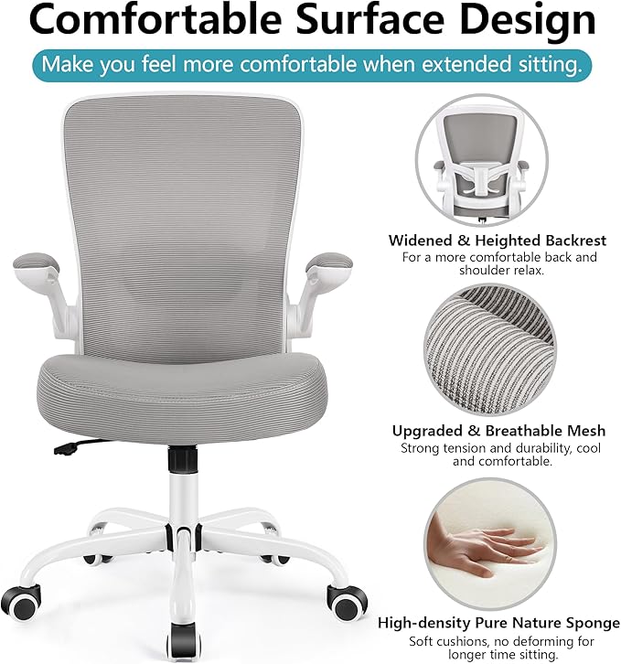 FelixKing Office Chair, Ergonomic Desk Chair Breathable Mesh Chairs Adjustable High Back Lumbar Support Flip-up Armrests, Executive Rolling Swivel Comfy Computer Chairs Home Office Gray