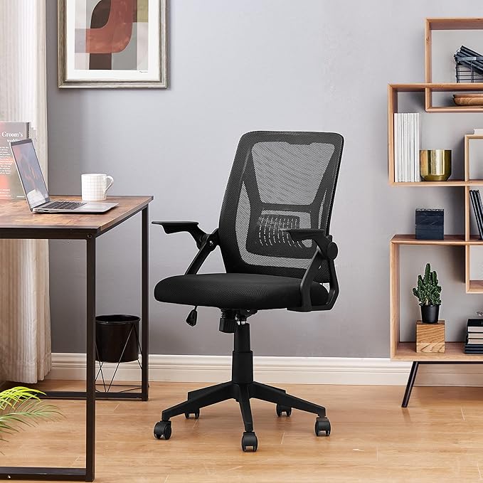 VECELO Mid-Back Swivel Ergonomic Office Chair with Adjustable Arms, Mesh Lumbar Support for Computer Task Work, Jet Black