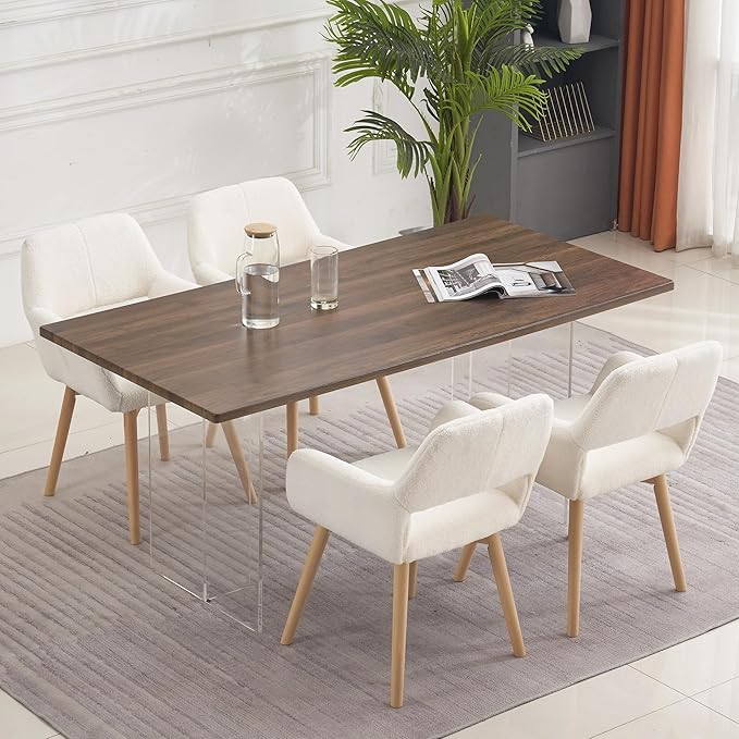 Mid Century Modern Dining Chairs Set of 4 & 2 & 6 Comfy Accent Chair Upholstered Kitchen Dining Living Room Chairs for Bedrooms Waiting Room Home Arm Desk Chair No Wheels (Wool White, 4)