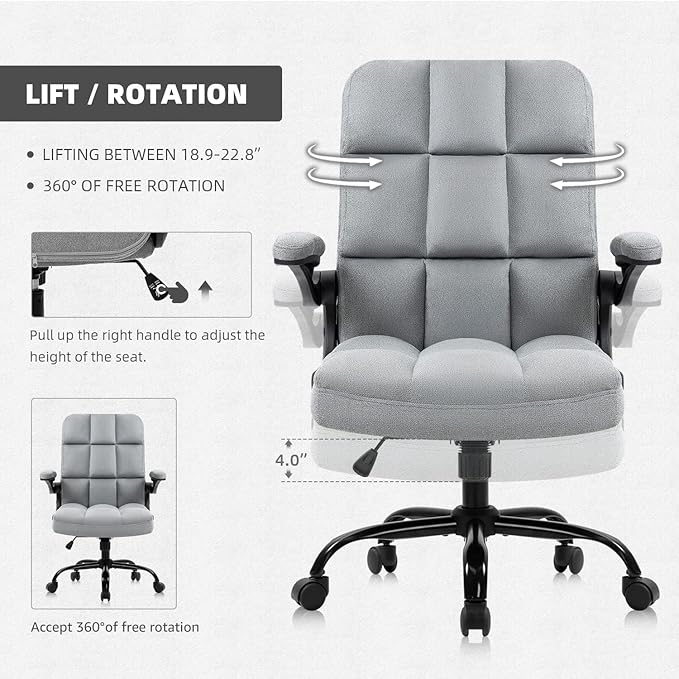 SEATZONE Home Office Executive Desk Chair with Wheels,Comfortable Ergonomic Flip-up Armrest Adjustable Swivel Computer Desk Chair,Grey
