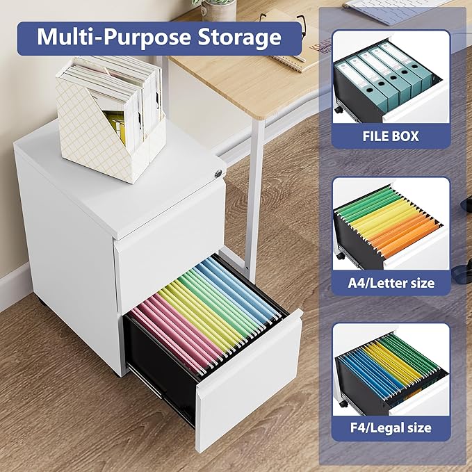 Rolling File Cabinet with Lock, 2 Drawer Metal Mobile Office Filing Cabinet Under Desk for Legal/Letter Size(Assembly Required)