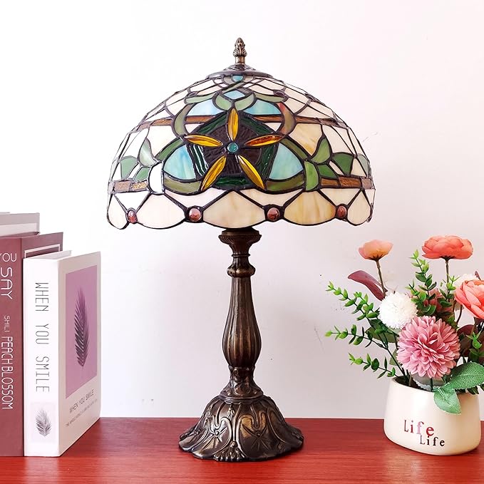 Tiffany Table Lamp Yellow Stained Glass Reading Light 3-Way Small Decorate Lamp for Home Living Room Nightstand Bedroom Office Include Bulb