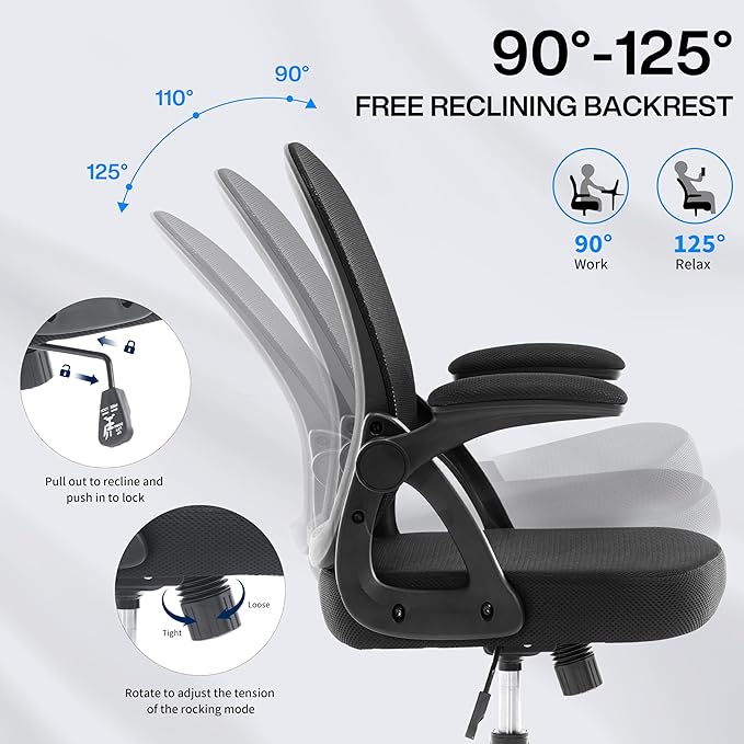 Fizzin Ergonomic Office Desk Chair, Mesh Computer Chair with Adjustable Comfy Flip-up Armrests and Adjustable Lumbar Support, Executive Chairs for Home, Bedroom, Study, Student (Black)