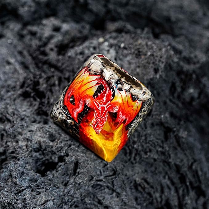 Red Dragon with Volcano Fantasy Artisan Keycap R1 SA Profile Custom Cool Dragon Keycaps 1U ESC Handmade Gaming Resin Key Cap Cherry MX Switch Compatible Mechanical Keyboard Dragon Lover Gift