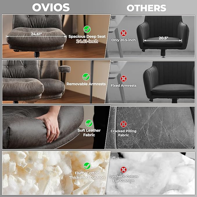 ovios Ergonomic Home Office Chair, Mid-Century Modern Faux Leather Chairs with Thickened Cushions, Comfy High Back Swivel Rolling Executive Computer Armchair (Dark Grey, Suede Leather)