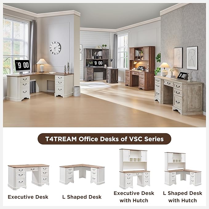T4TREAM 59" Executive L Shaped Desk with Drawers,Farmhouse Wood Computer Coner Desk, Featuring Charging Station,File Drawer, Storage Cabinet,for Home Office Work and Study (Antique White)