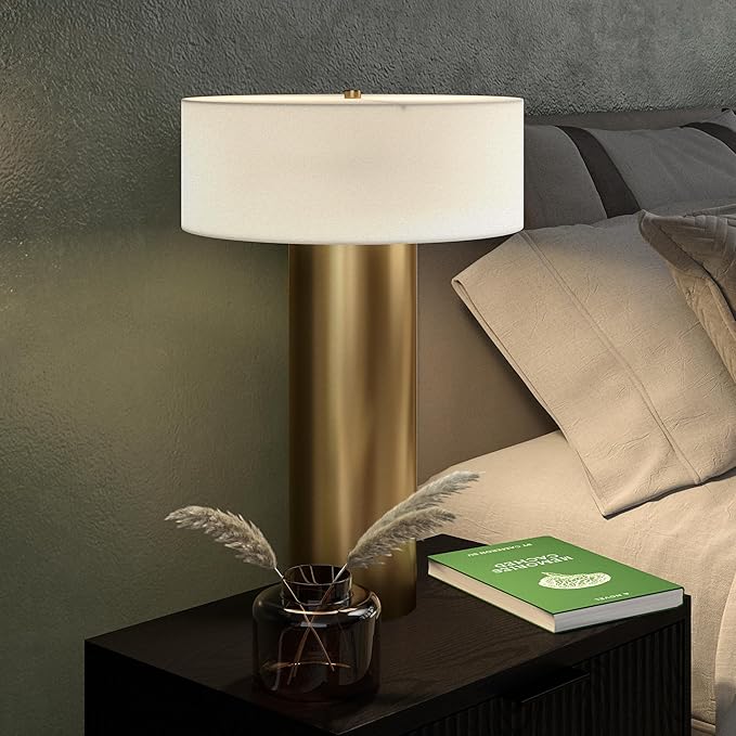 Henn&Hart 24'' Mid-Century Modern 1-Light Table Lamp with White Fabric Drum Shade for Living Room, Bedroom, or Office, Brass