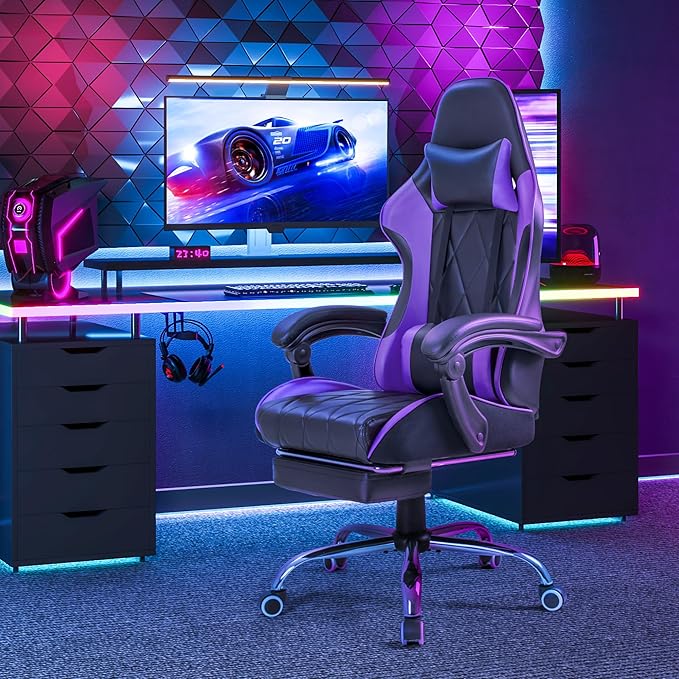 Homall Gaming Chair, Computer Chair with Footrest and Massage Lumbar Support, Ergonomic High Back Video Game Chair with Swivel Seat and Headrest (Purple)